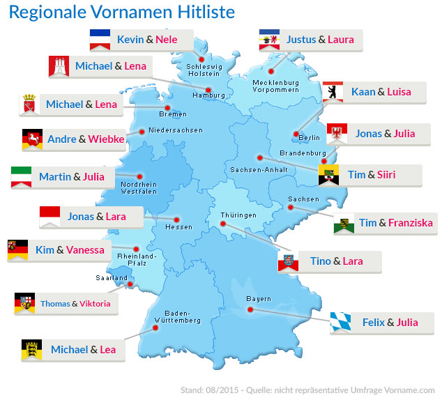 Deutschlandkarte mit einer Übersicht der beliebtesten Vornamen, in den jeweiligen Bundesländern